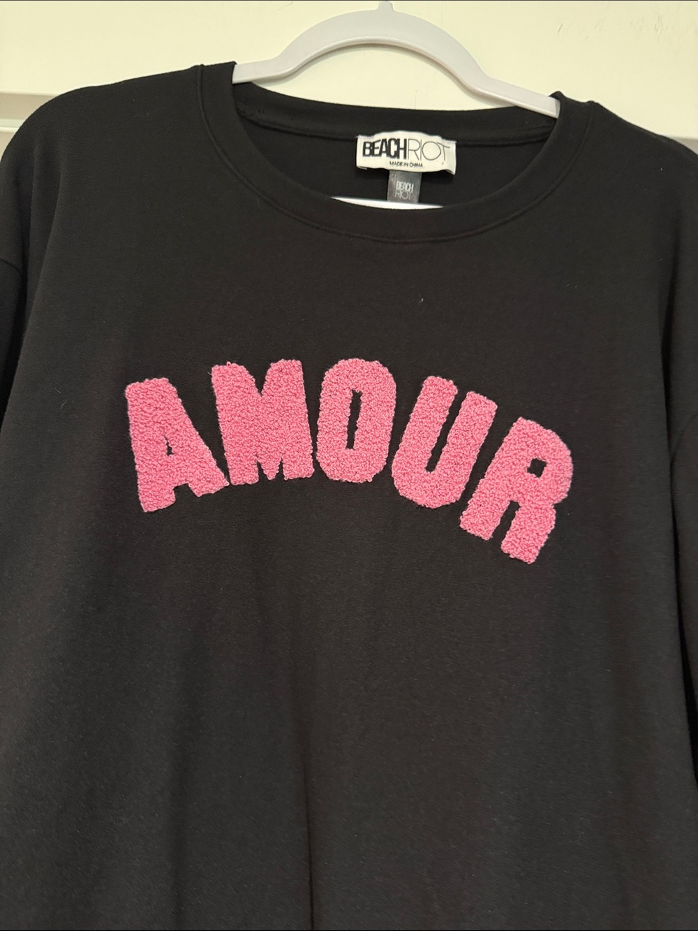 NWOT Beach Riot Amour Black Sweatshirt with Pink Chenille Logo - Picture 2 of 3